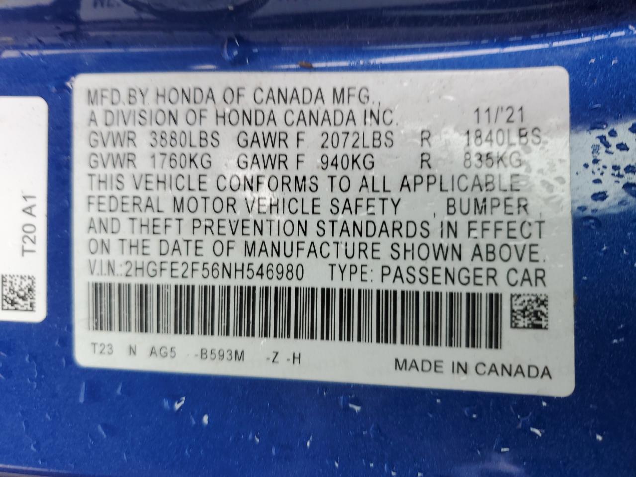 2022 HONDA CIVIC SPORT VIN:2HGFE2F56NH546980