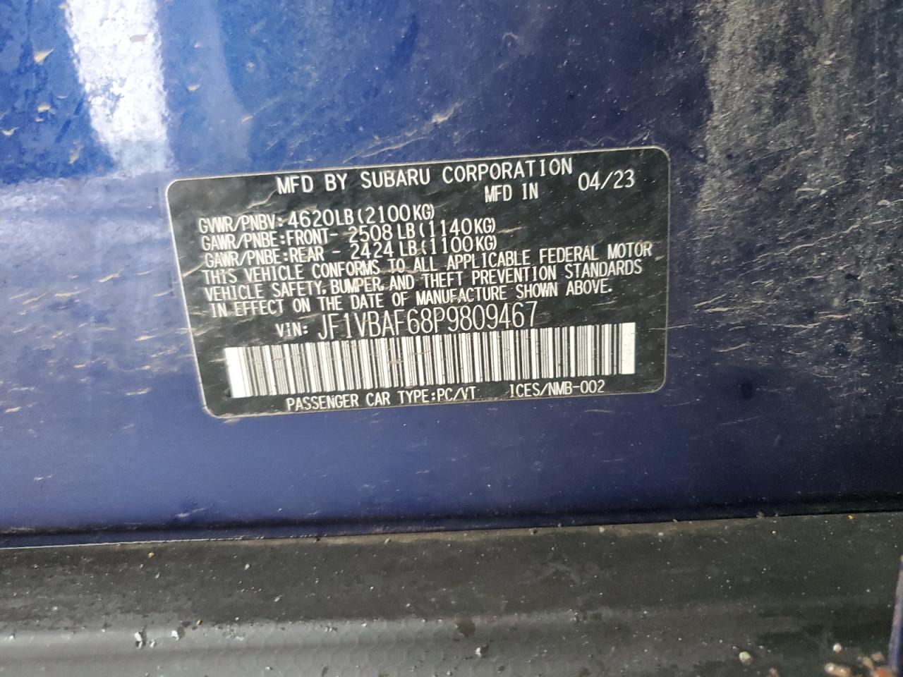 2023 SUBARU WRX PREMIUM VIN:JF1VBAF68P9809467