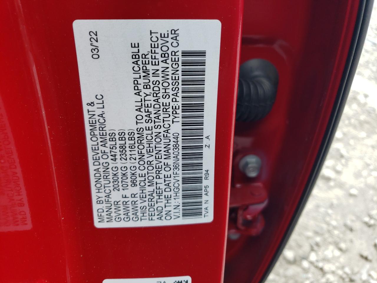 2022 HONDA ACCORD SPORT VIN:1HGCV1F36NA038440