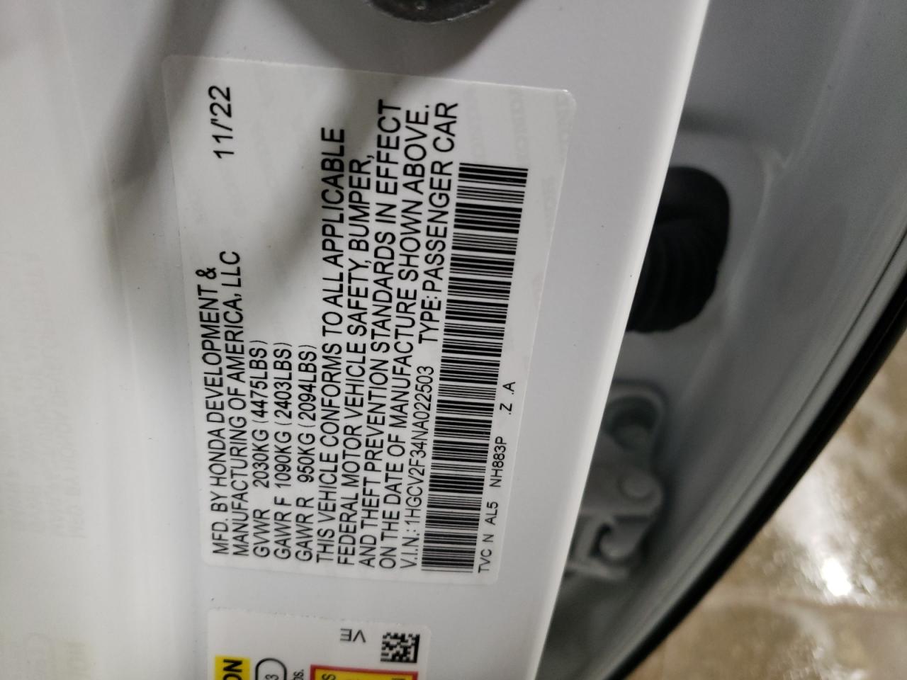 2022 HONDA ACCORD SPORT VIN:1HGCV2F34NA022503