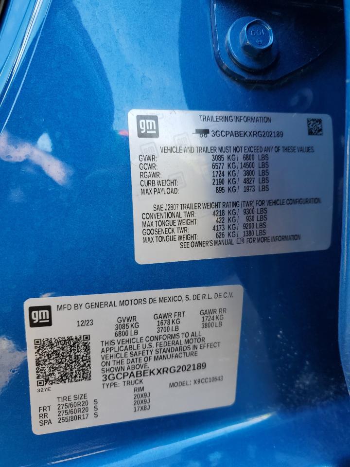 2024 CHEVROLET SILVERADO C1500 CUSTOM VIN:3GCPABEKXRG202189