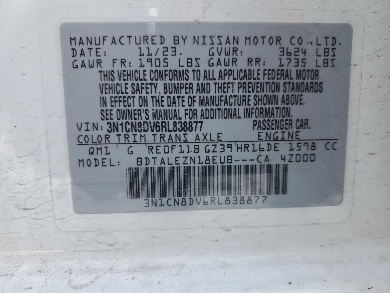 2024 NISSAN VERSA S VIN:3N1CN8DV6RL838877