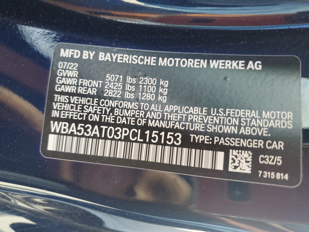 2023 BMW M440I VIN:WBA53AT03PCL15153