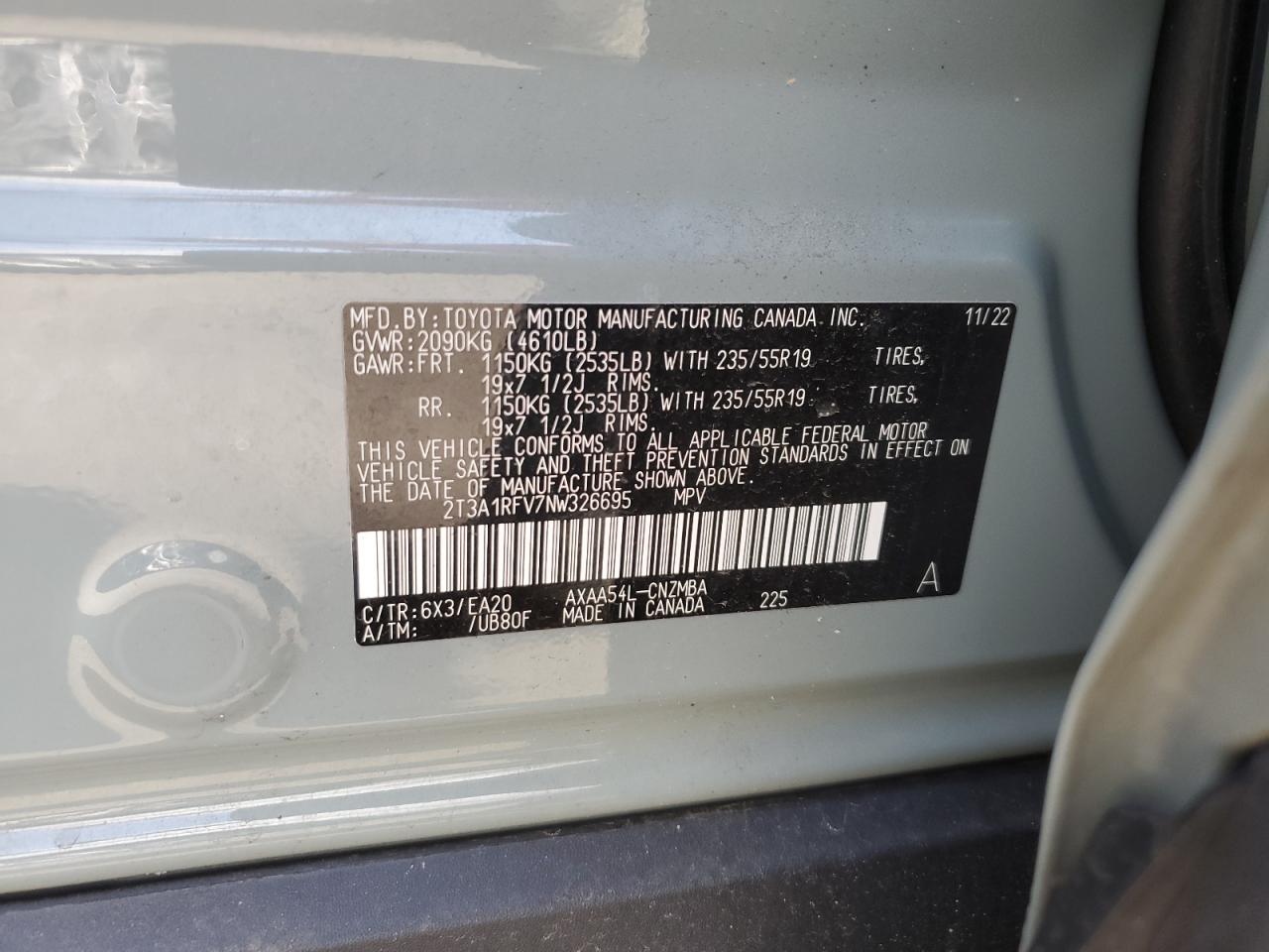 2022 TOYOTA RAV4 XLE PREMIUM VIN:2T3A1RFV7NW326695