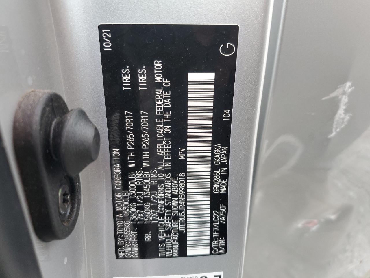 2022 TOYOTA 4RUNNER SR5 PREMIUM VIN:JTERU5JR4N5998018