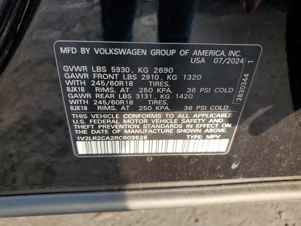 2024 VOLKSWAGEN ATLAS SE VIN:1V2LR2CA2RC603528