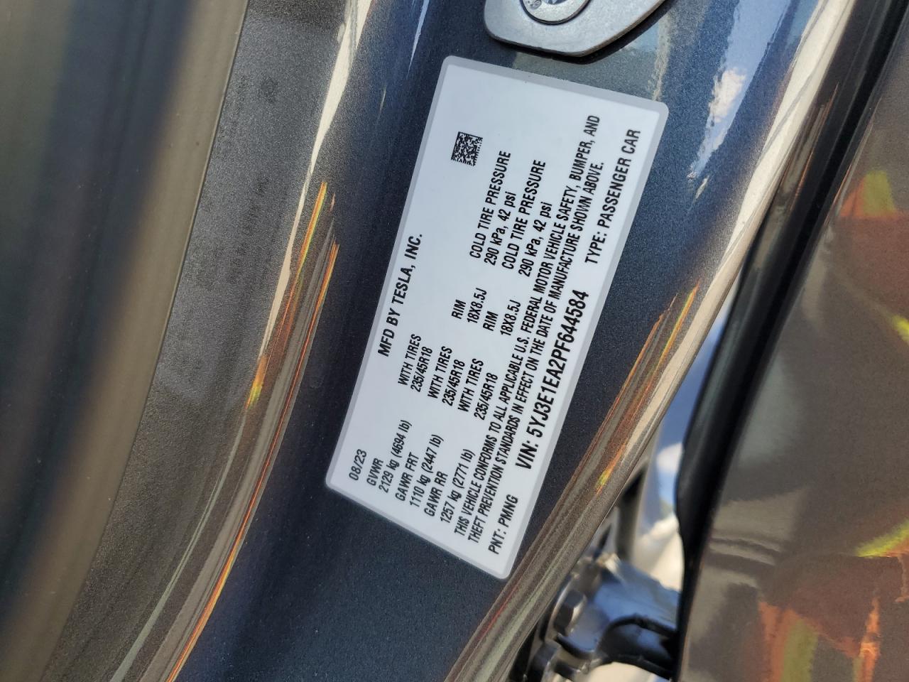 2023 TESLA MODEL 3 VIN:5YJ3E1EA2PF644584