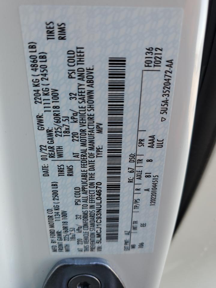 2022 LINCOLN CORSAIR VIN:5LMCJ1C93NUL04670