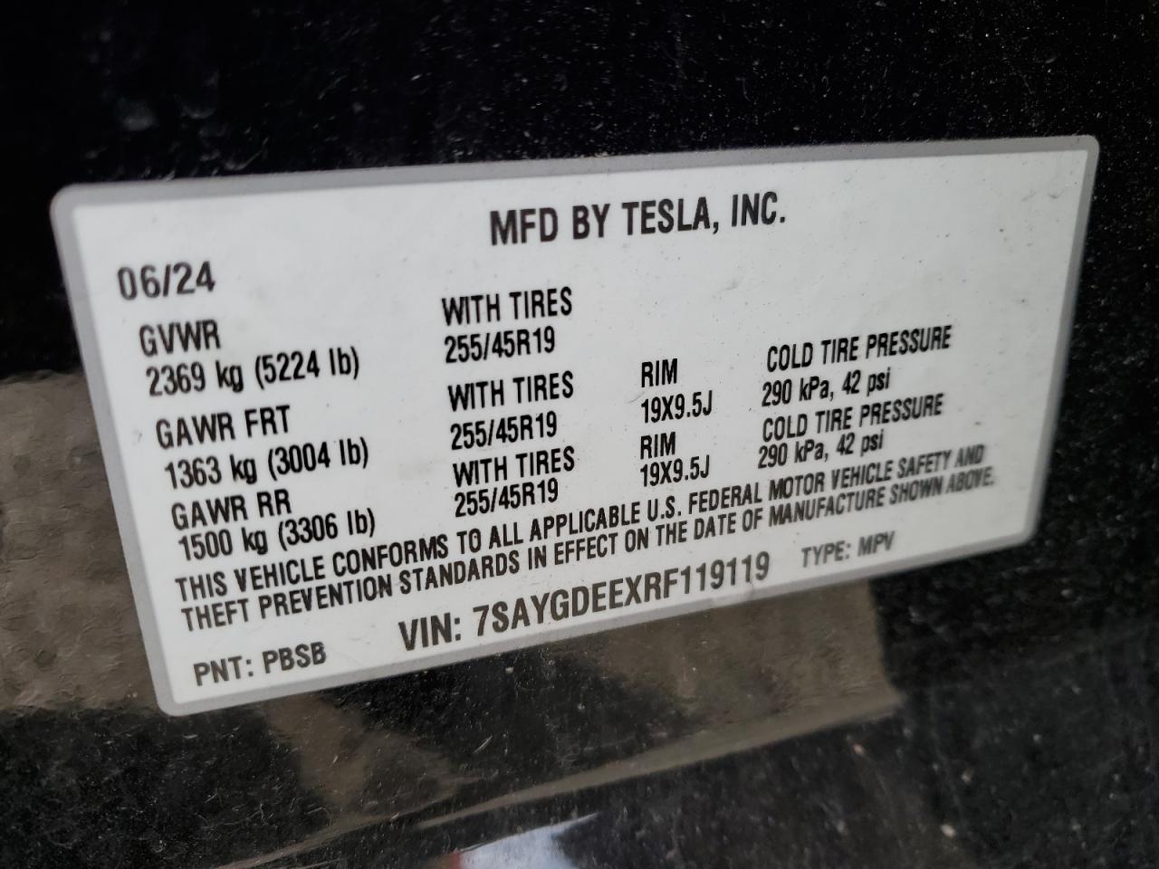 2024 TESLA MODEL Y VIN:7SAYGDEEXRF119119