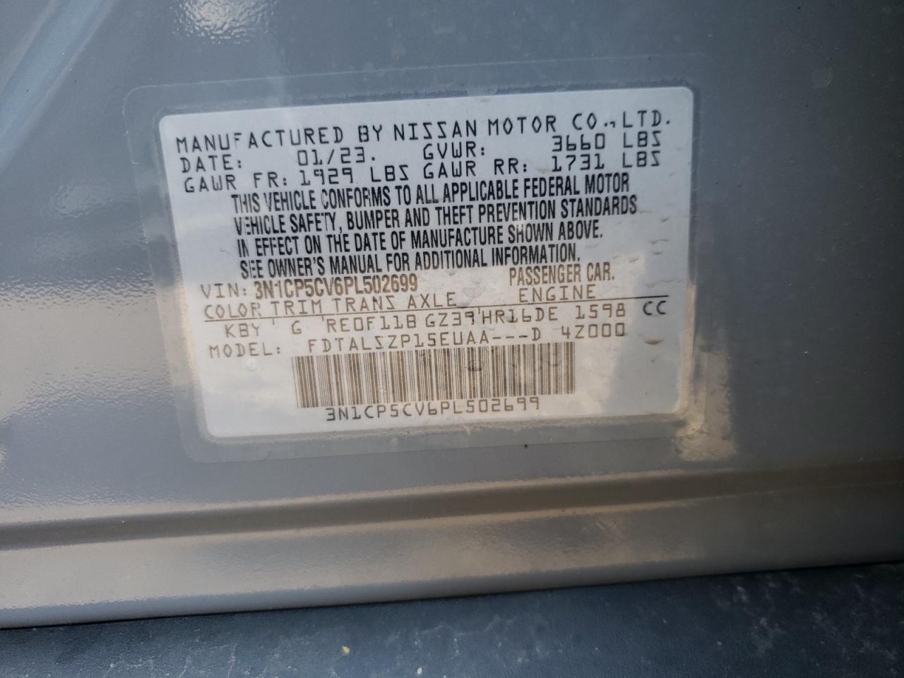 2023 NISSAN KICKS SV VIN:3N1CP5CV6PL502699