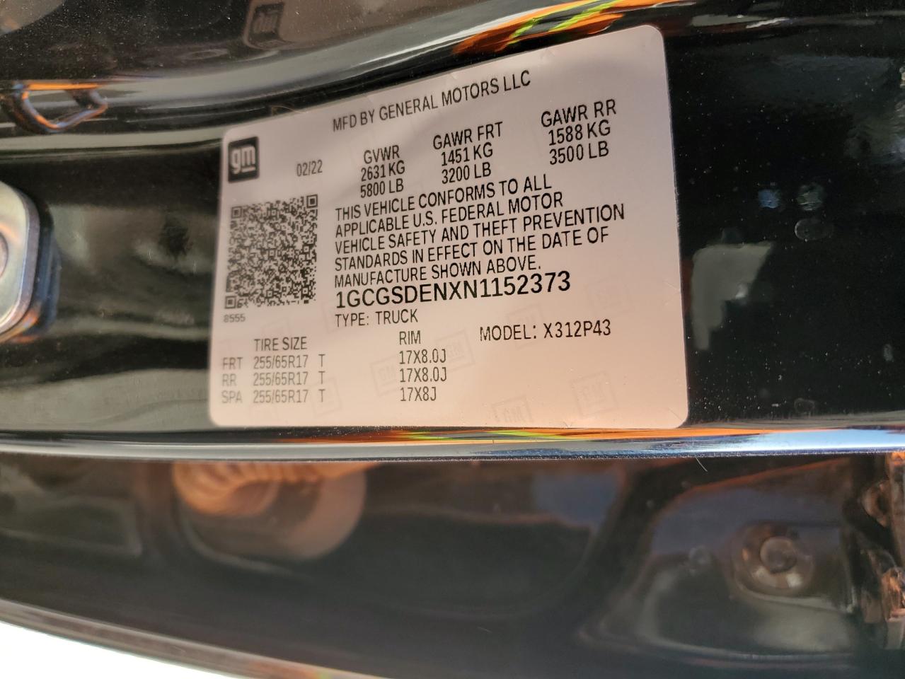 2022 CHEVROLET COLORADO Z71 VIN:1GCGSDENXN1152373