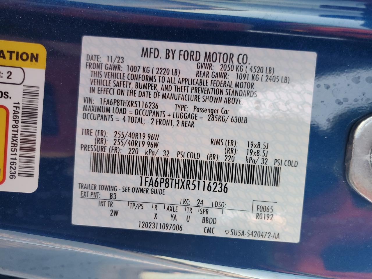 2024 FORD MUSTANG VIN:1FA6P8THXR5116236