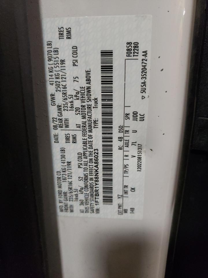 2022 FORD TRANSIT T-250 VIN:1FTBR1Y88NKA86023
