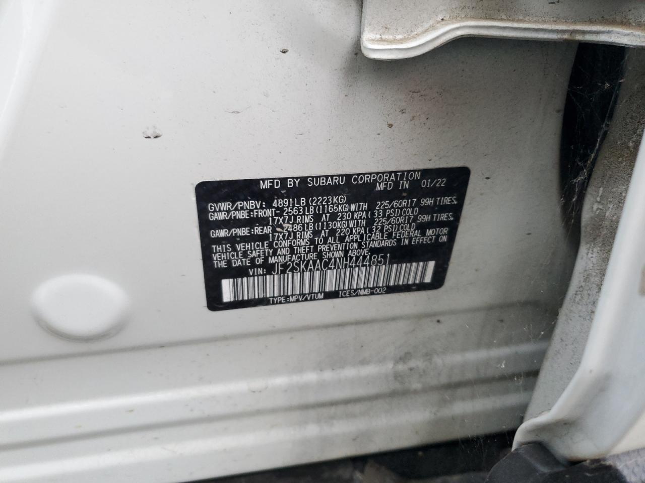 2022 SUBARU FORESTER VIN:JF2SKAAC4NH444851