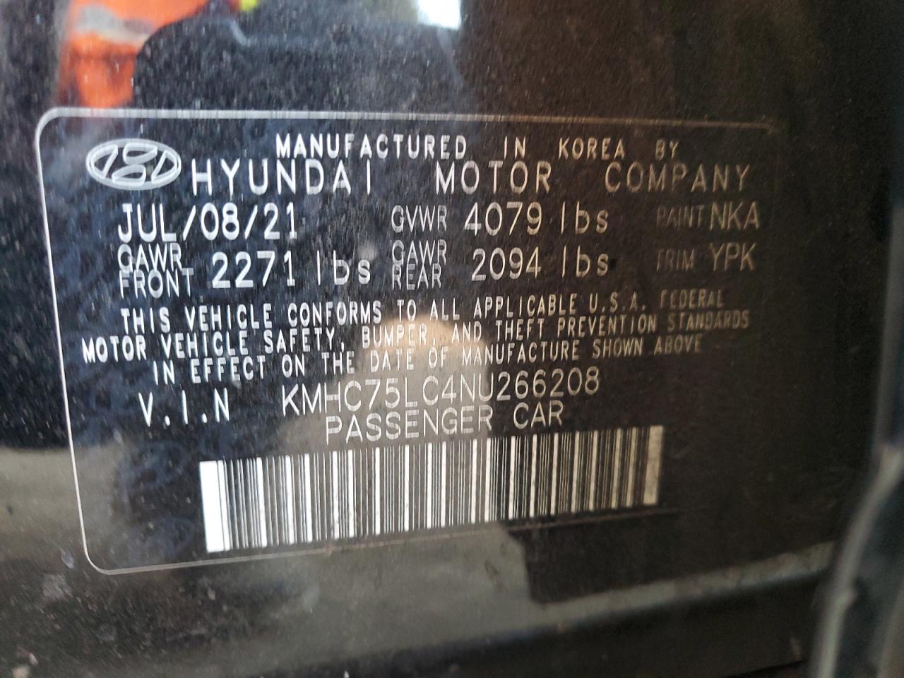 2022 HYUNDAI IONIQ SE VIN:KMHC75LC4NU266208
