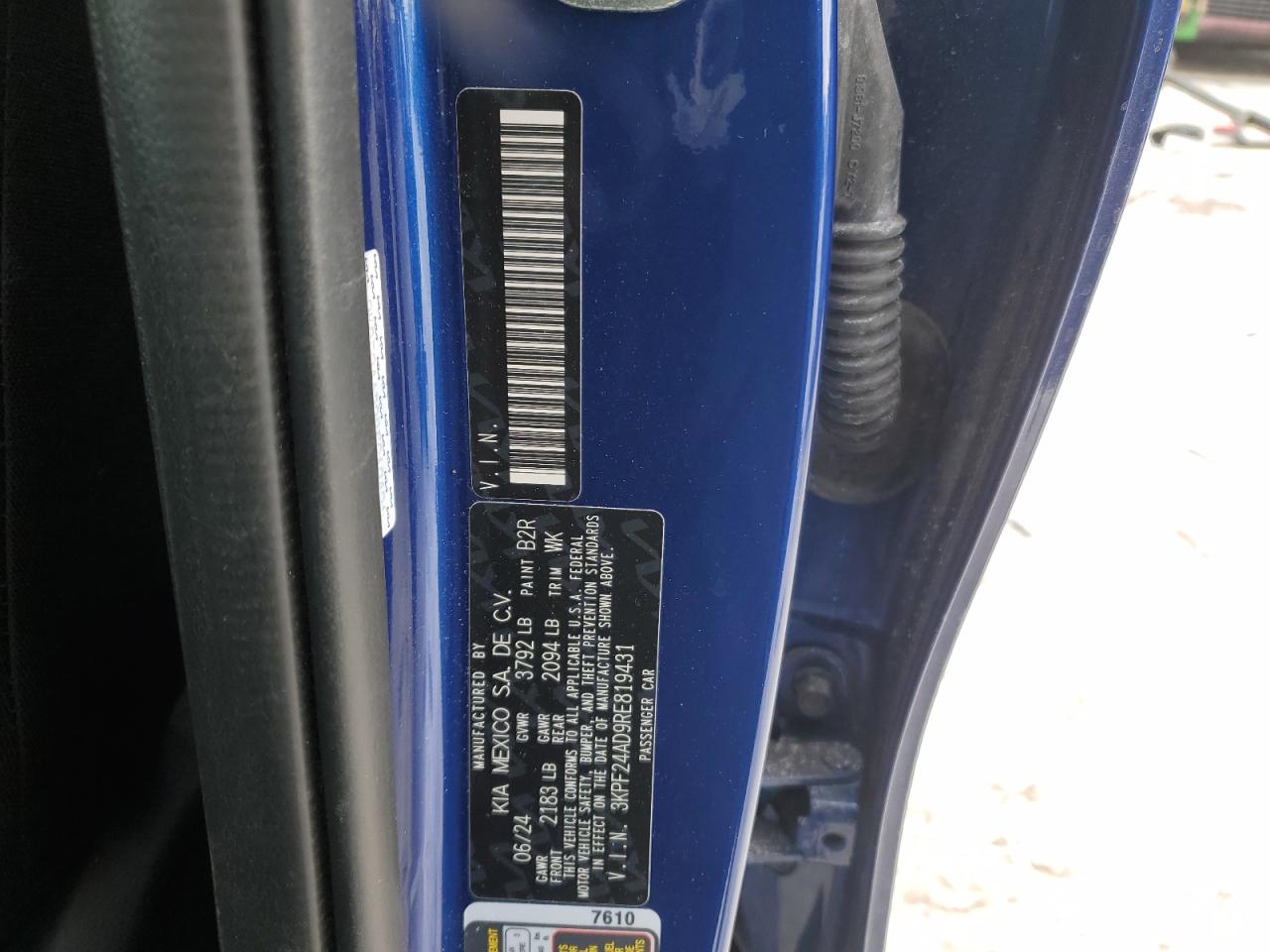 2024 KIA FORTE LX VIN:3KPF24AD9RE819431