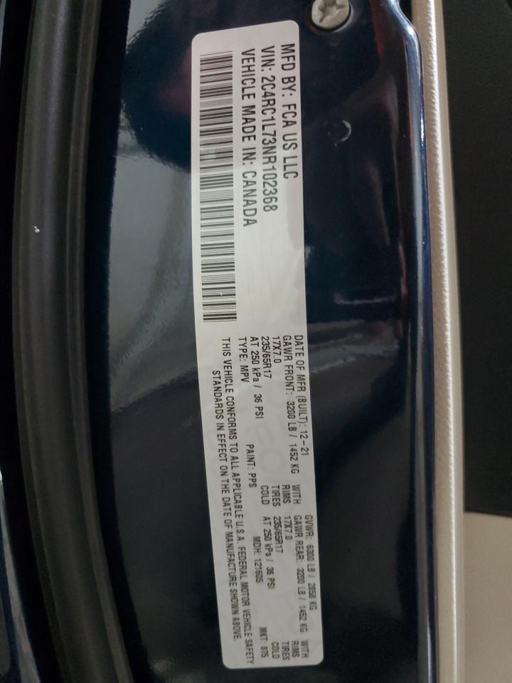 2022 CHRYSLER PACIFICA HYBRID TOURING L VIN:2C4RC1L73NR102368