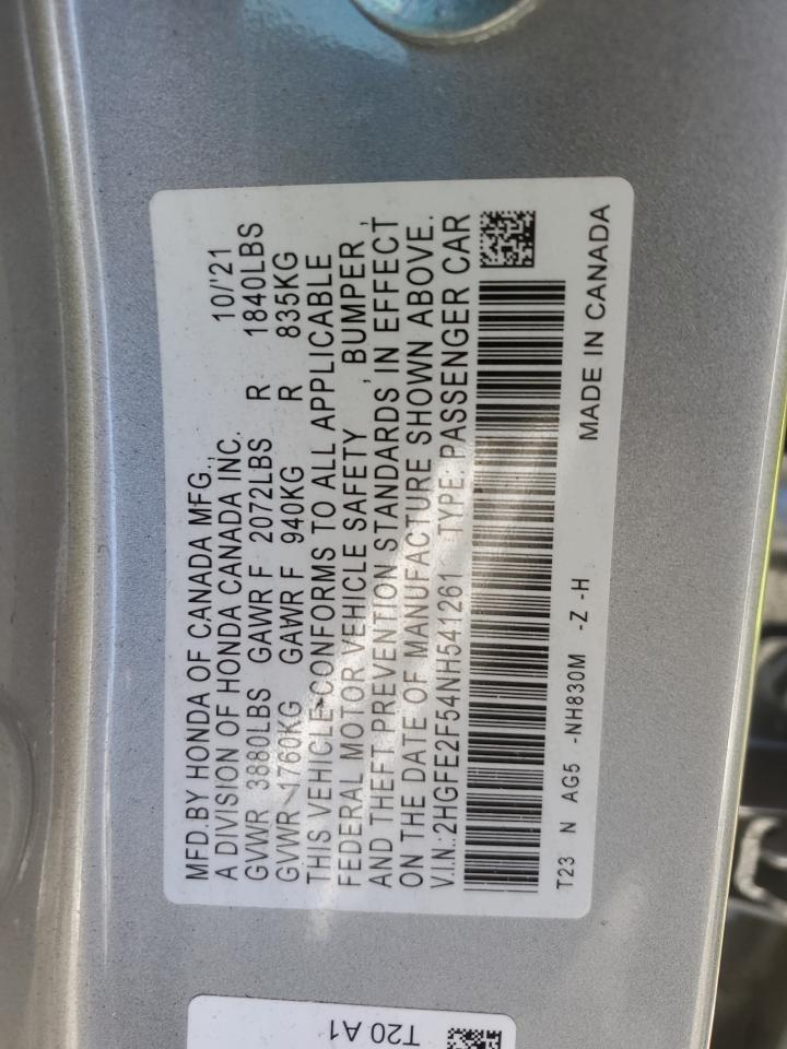 2022 HONDA CIVIC SPORT VIN:2HGFE2F54NH541261