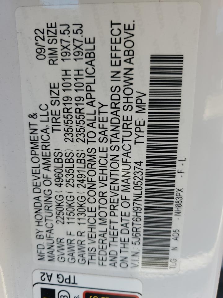 2022 HONDA CR-V TOURING VIN:5J6RT6H97NL052374