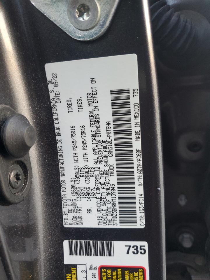 2022 TOYOTA TACOMA DOUBLE CAB VIN:3TMDZ5BN0NM139045