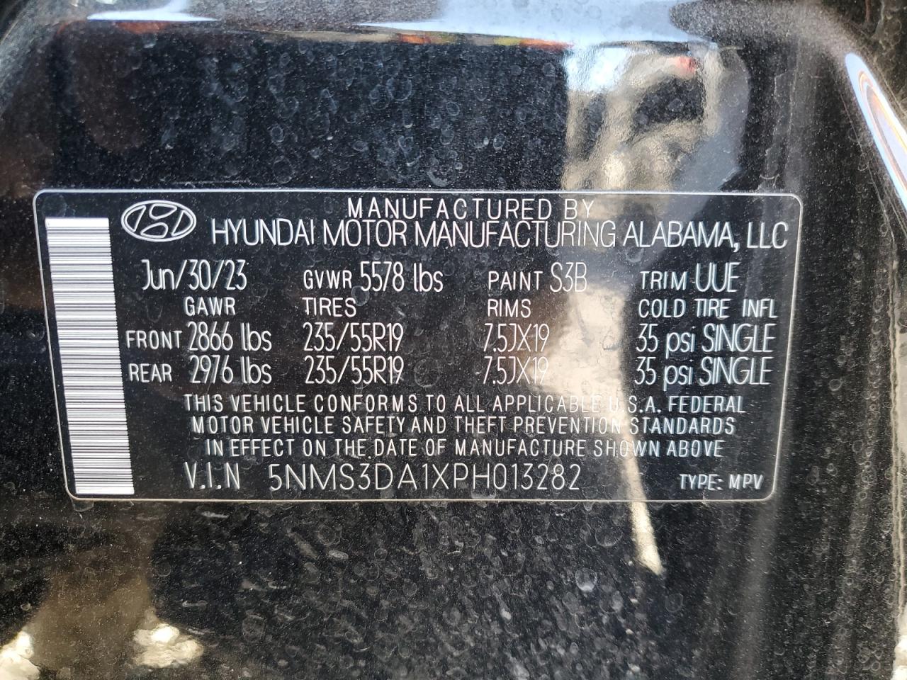 2023 HYUNDAI SANTA FE SEL PREMIUM VIN:5NMS3DA1XPH013282