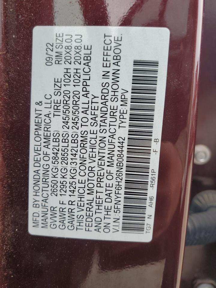 2022 HONDA PILOT SE VIN:5FNYF6H26NB084442