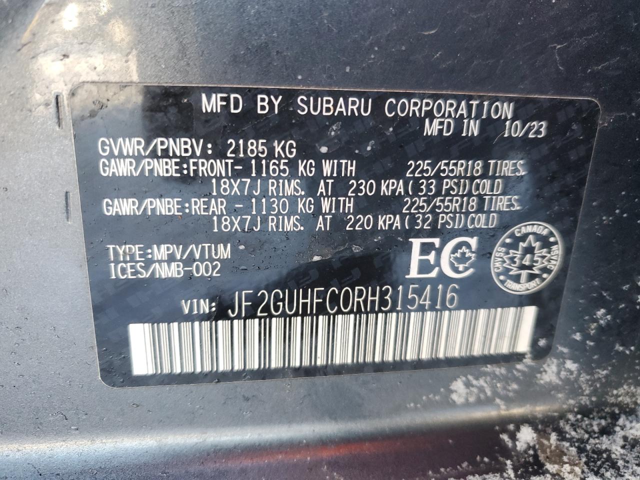 2024 SUBARU CROSSTREK SPORT VIN:JF2GUHFC0RH315416