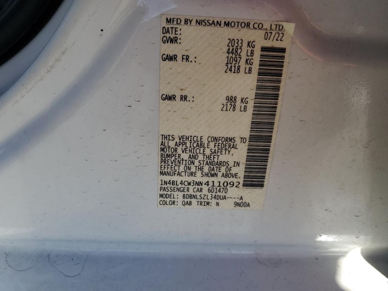 2022 NISSAN ALTIMA SR VIN:1N4BL4CW3NN411092