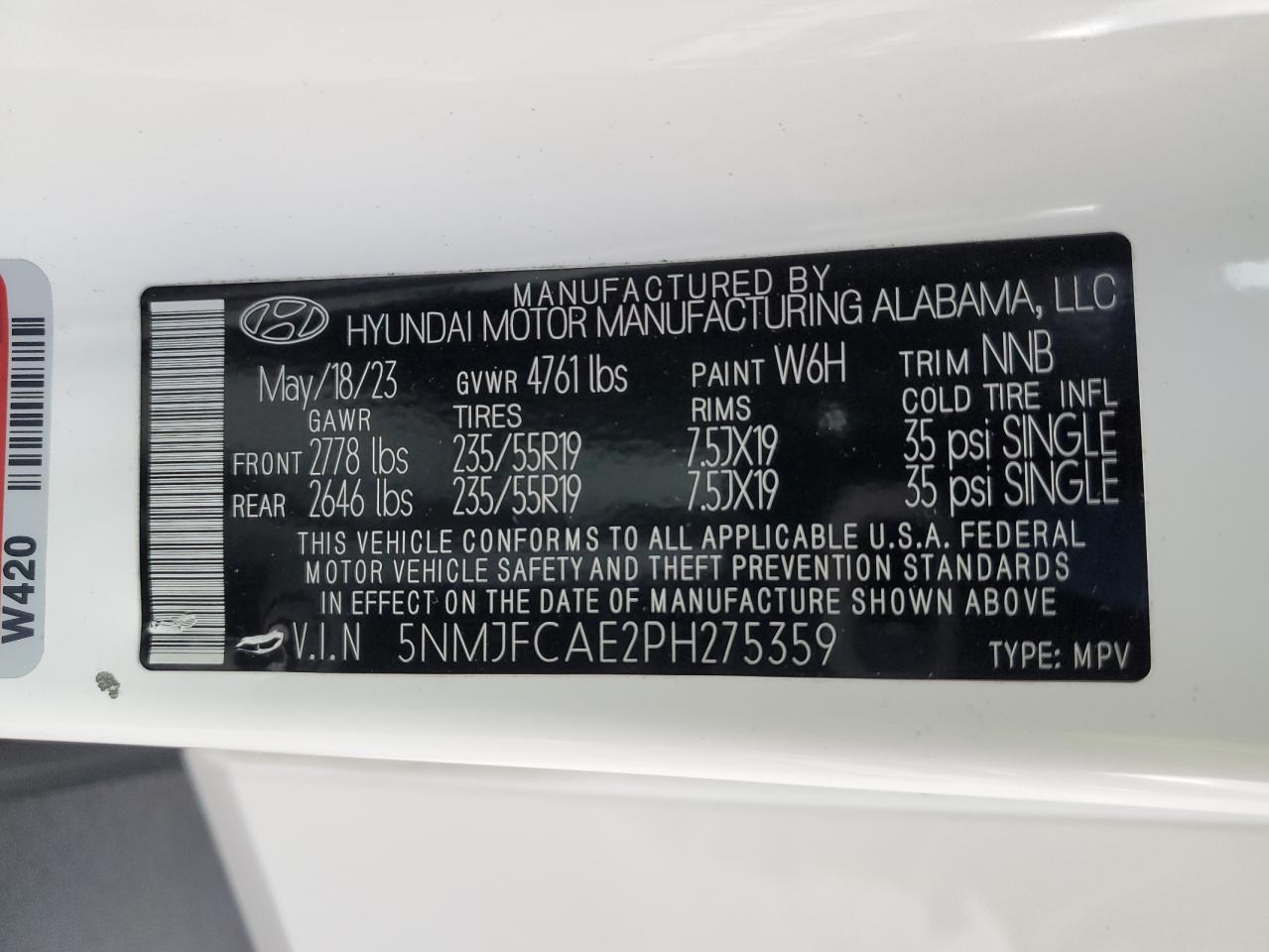 2023 HYUNDAI TUCSON SEL VIN:5NMJFCAE2PH275359