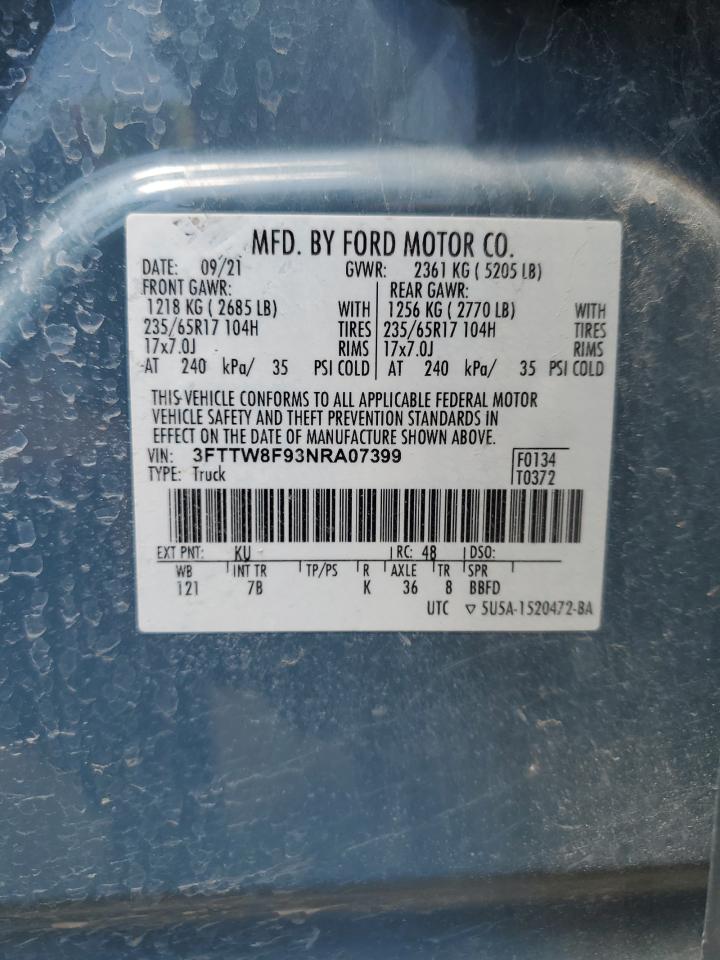 2022 FORD MAVERICK XL VIN:3FTTW8F93NRA07399