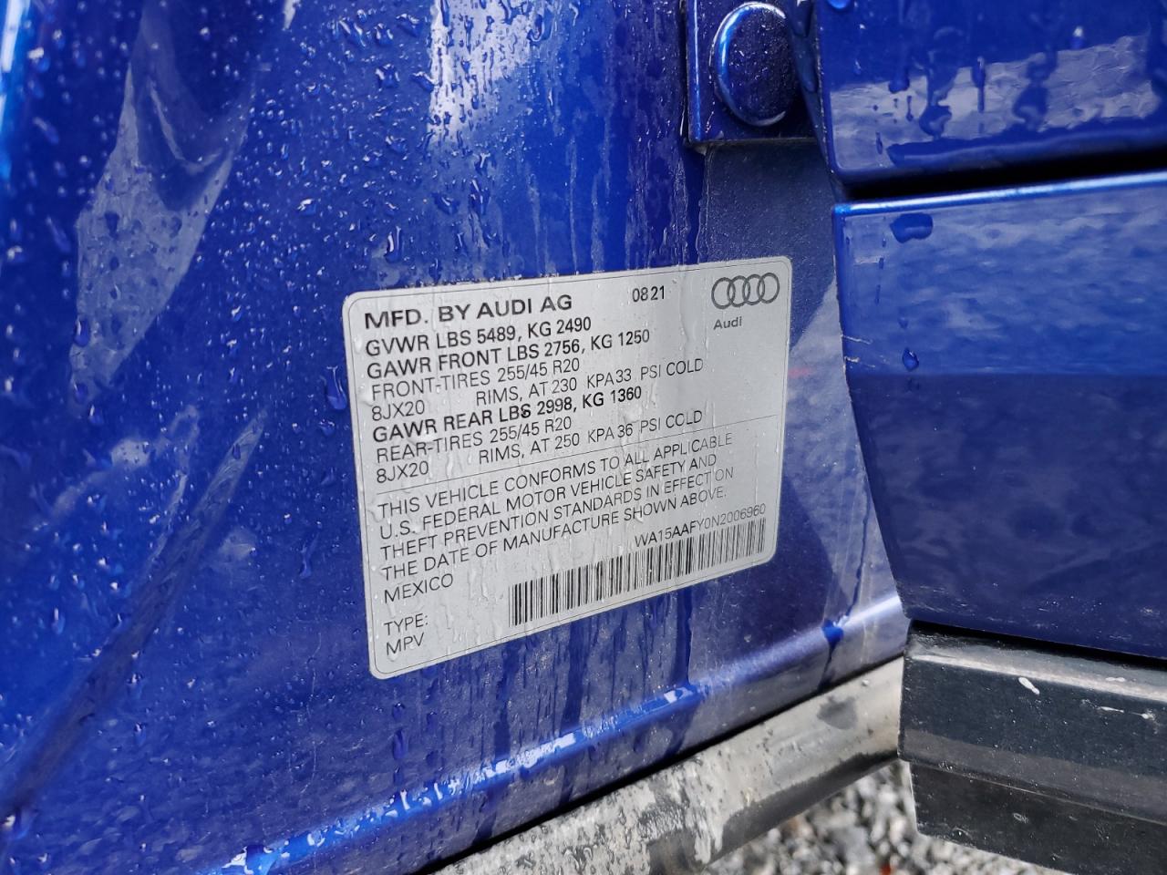 2022 AUDI Q5 SPORTBACK PRM PLS 45 VIN:WA15AAFY0N2006960