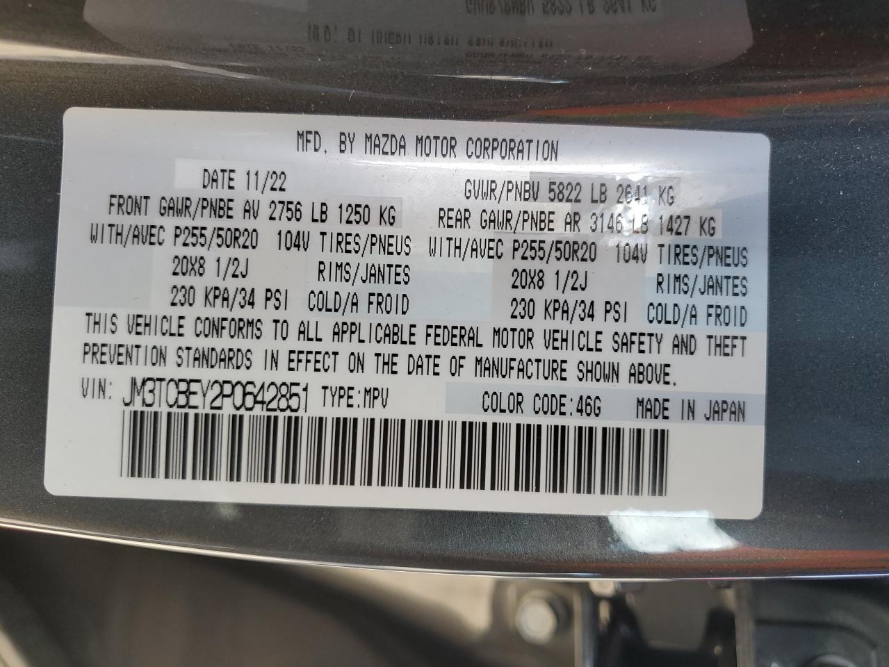 2023 MAZDA CX-9 SIGNATURE VIN:JM3TCBEY2P0642851