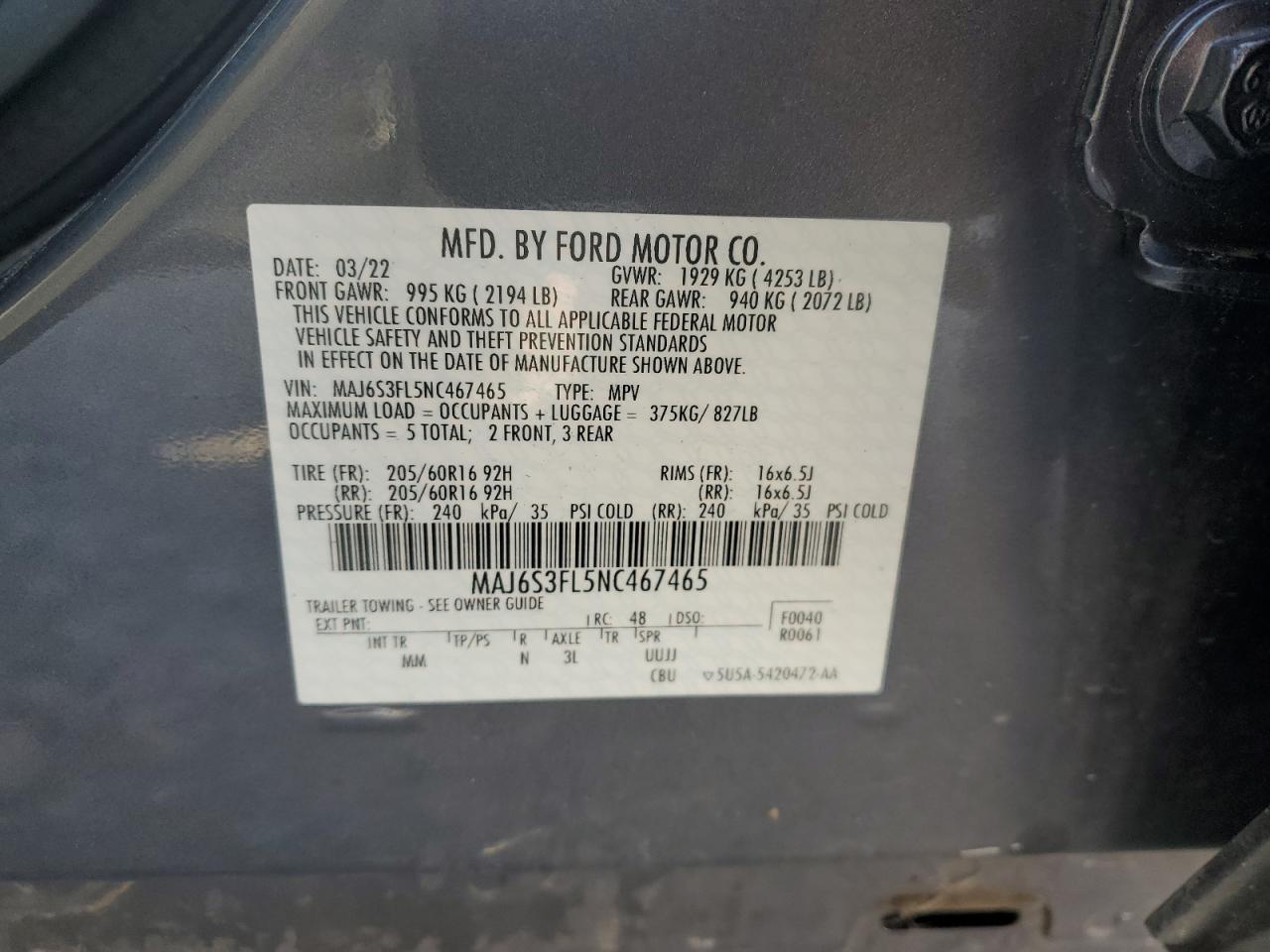 2022 FORD ECOSPORT S VIN:MAJ6S3FL5NC467465