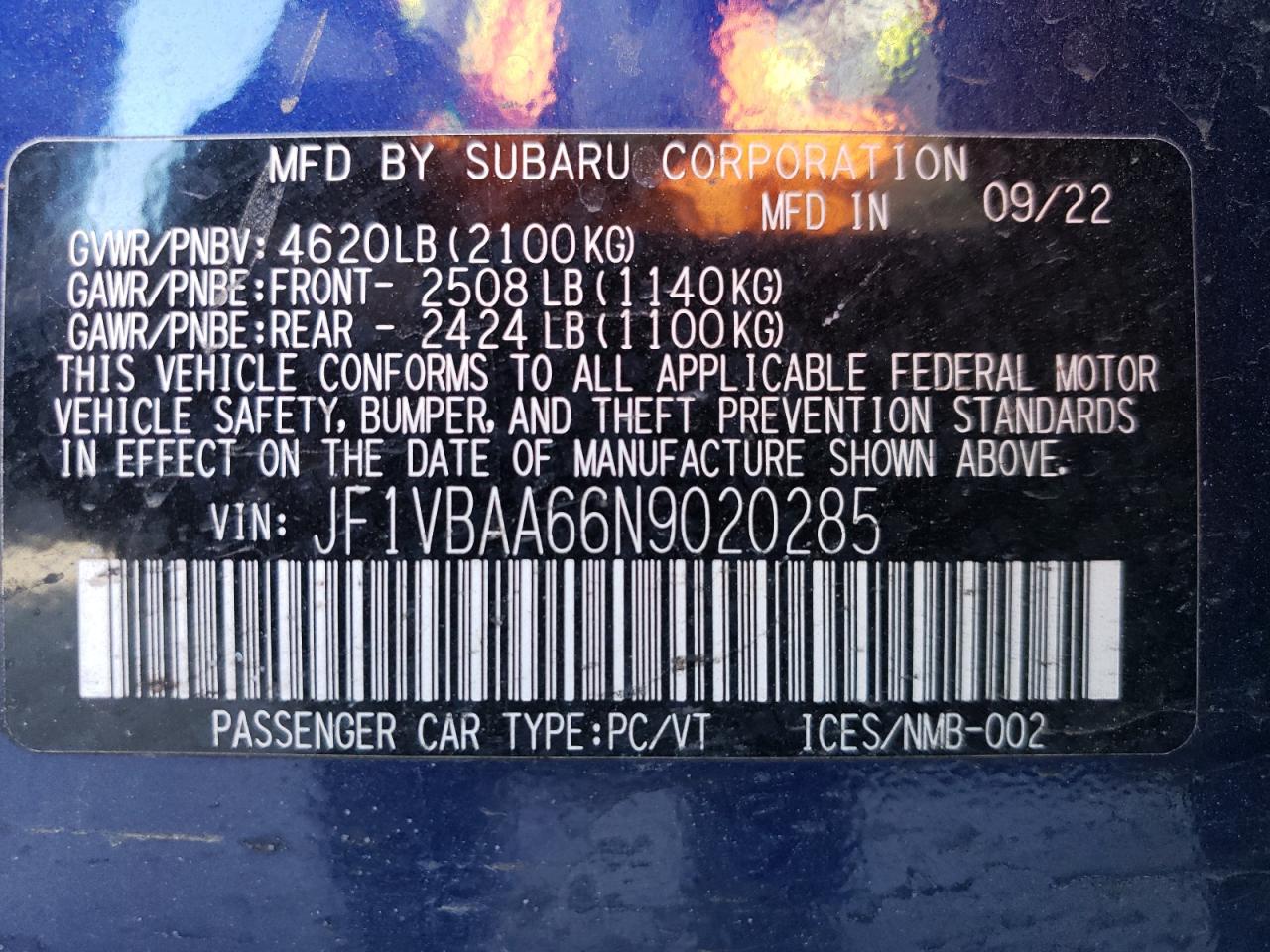 2022 SUBARU WRX VIN:JF1VBAA66N9020285