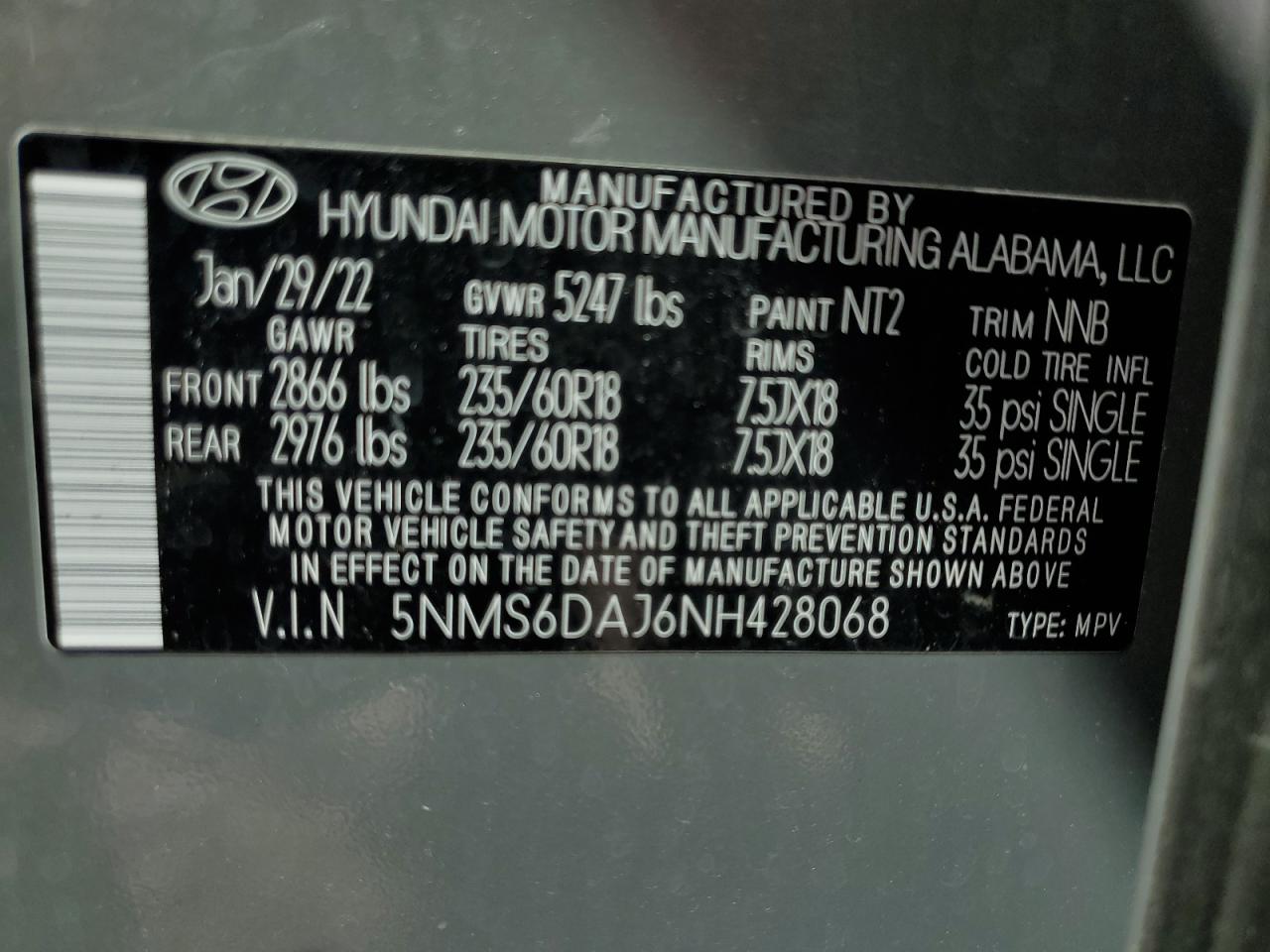 2022 HYUNDAI SANTA FE SEL VIN:5NMS6DAJ6NH428068