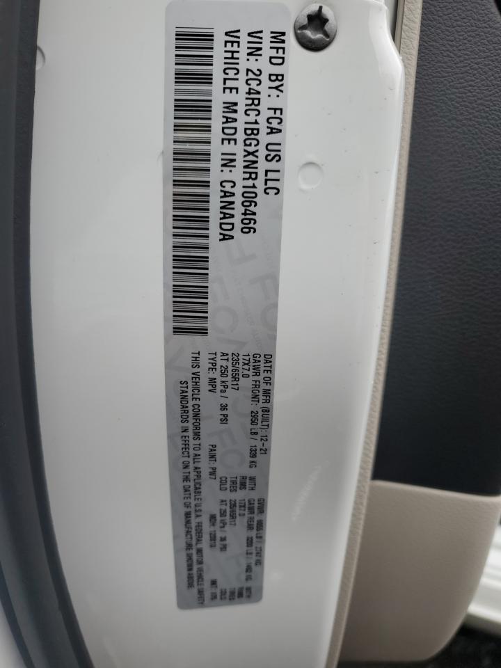 2022 CHRYSLER PACIFICA TOURING L VIN:2C4RC1BGXNR106466