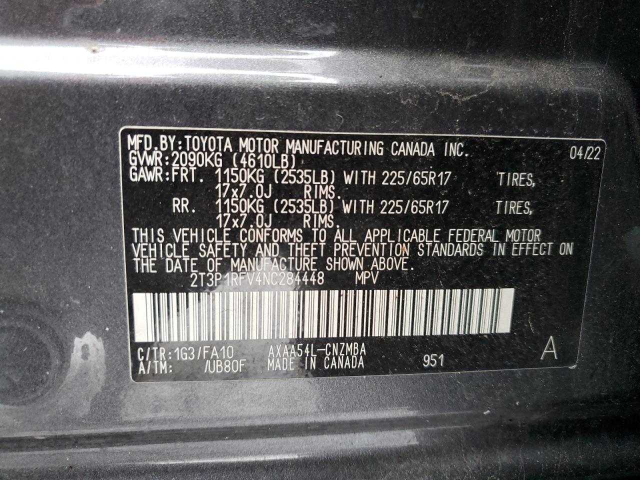 2022 TOYOTA RAV4 XLE VIN:YV1LS5375W1466095