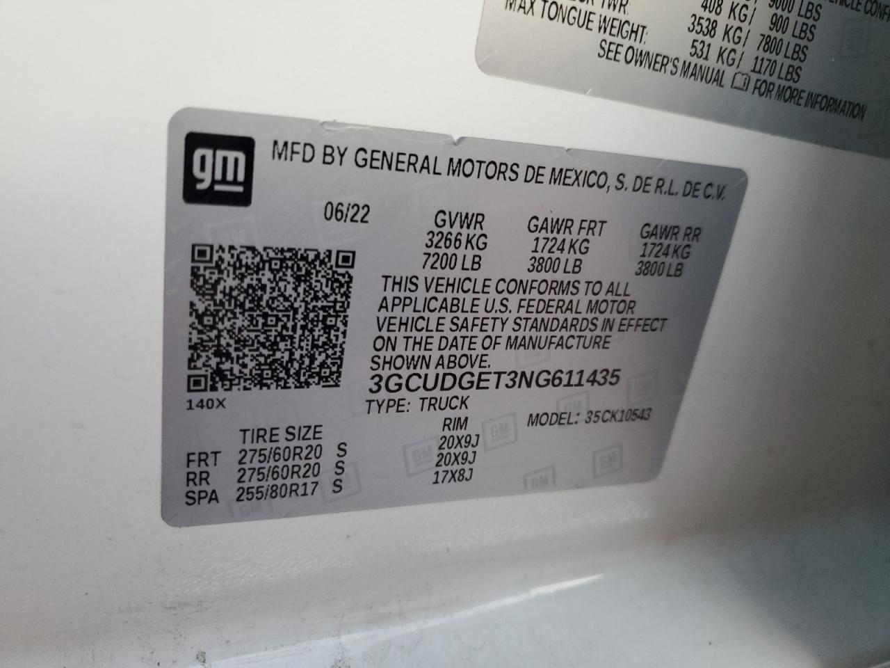 2022 CHEVROLET SILVERADO K1500 LTZ VIN:3GCUDGET3NG611435