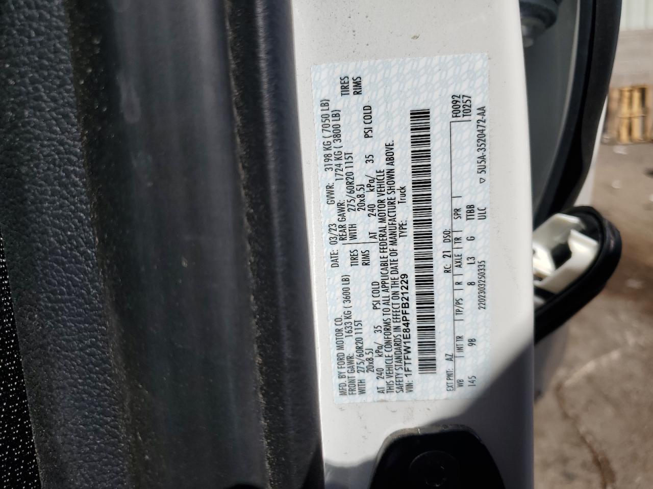 2023 FORD F150 SUPERCREW VIN:1FTFW1E84PFB21229