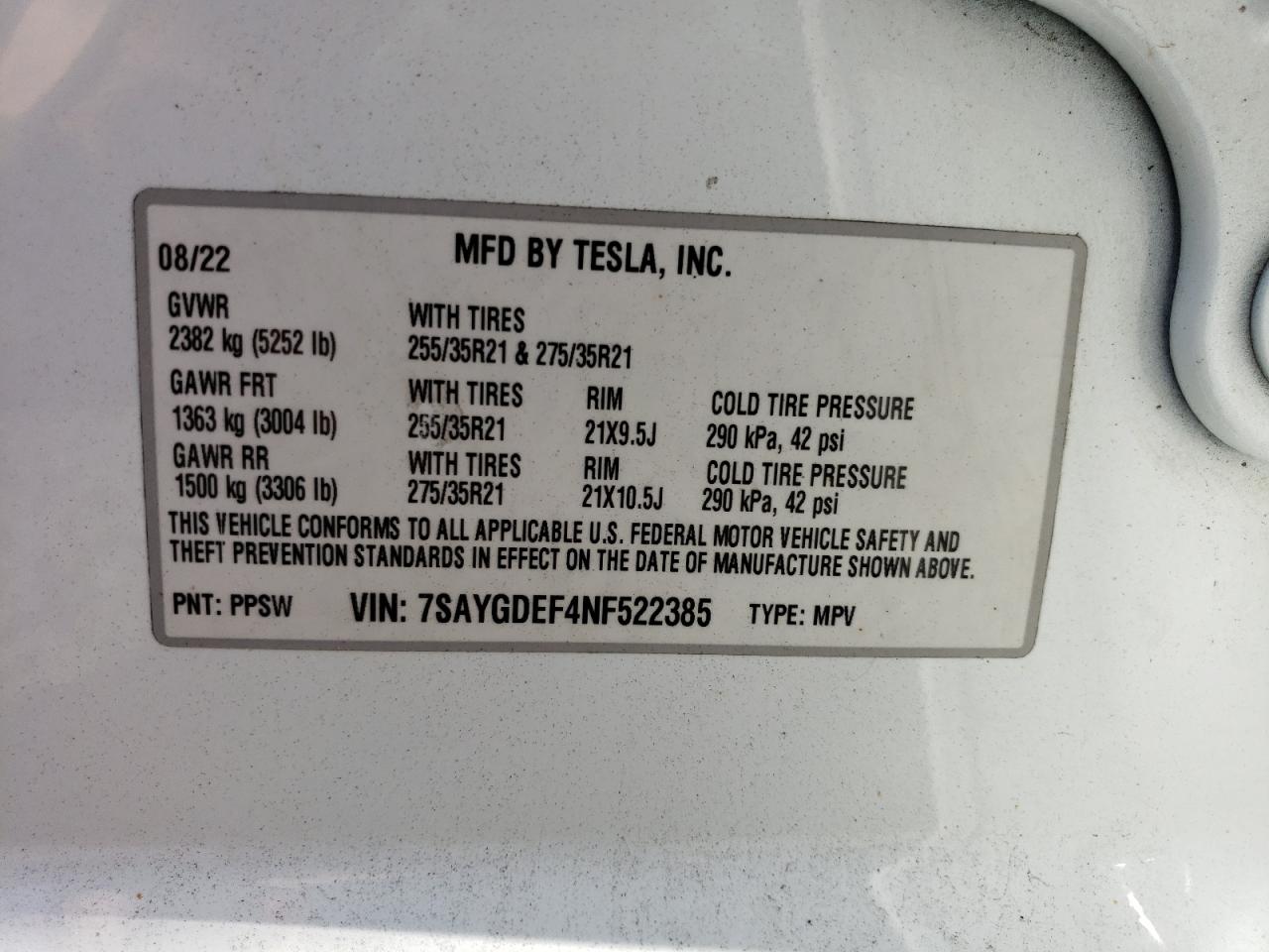2022 TESLA MODEL Y VIN:7SAYGDEF4NF522385