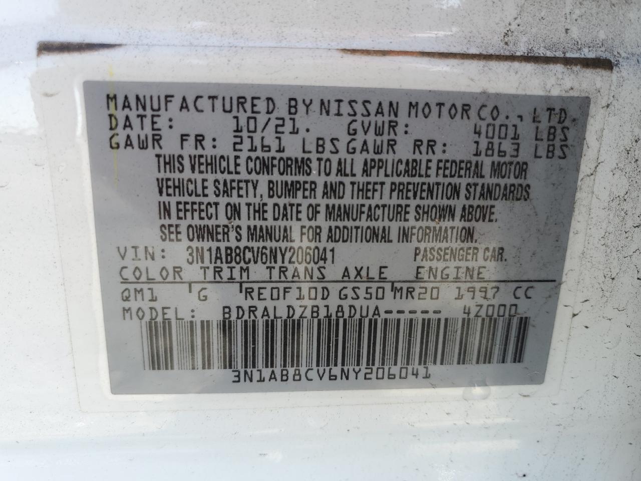 2022 NISSAN SENTRA SV VIN:3N1AB8CV6NY206041