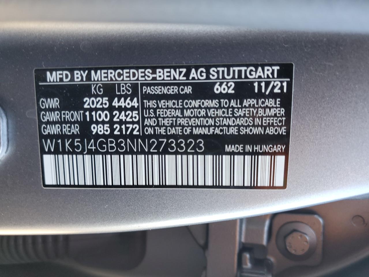 2022 MERCEDES-BENZ CLA 250 VIN:W1K5J4GB3NN273323