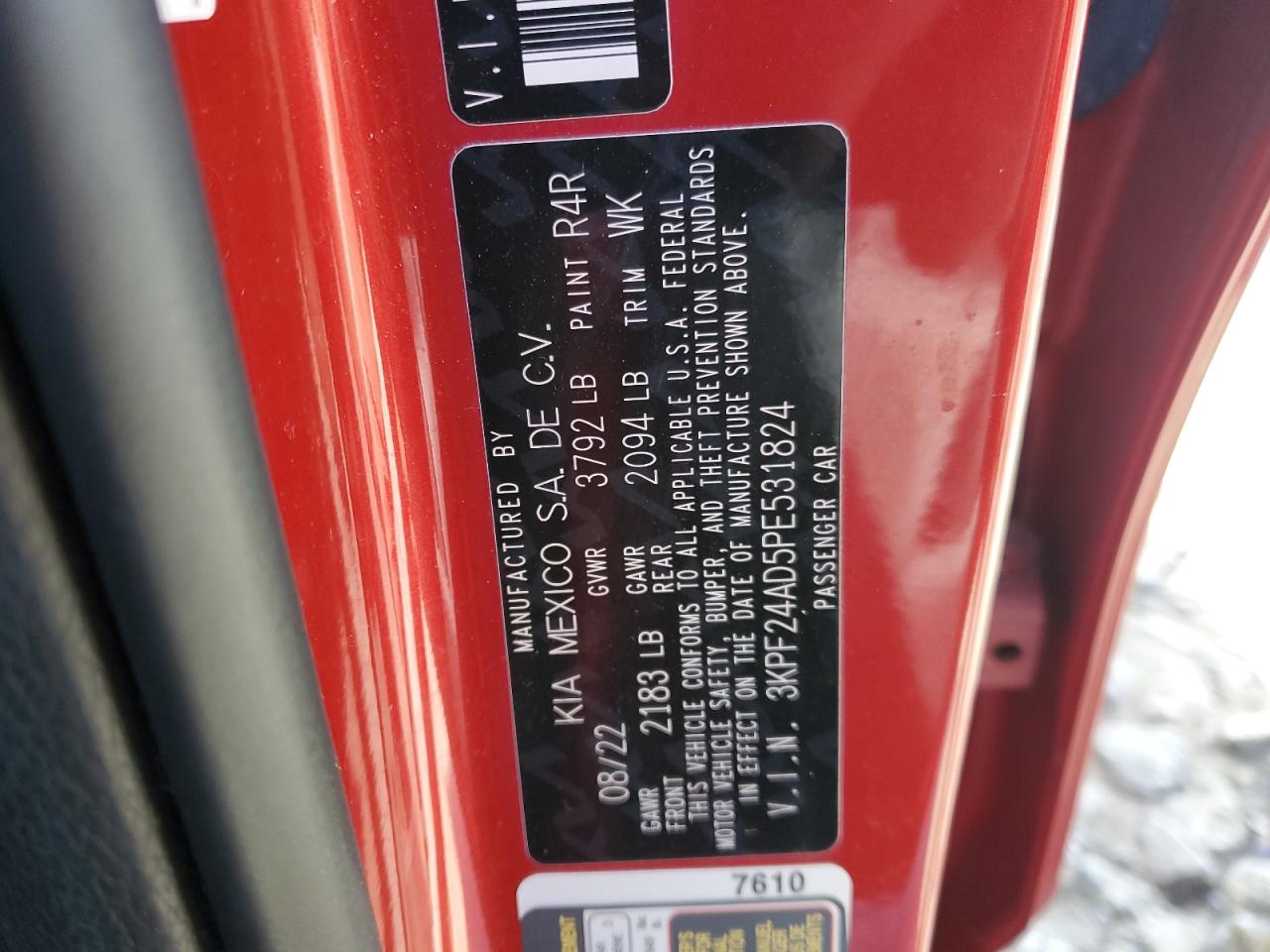2023 KIA FORTE LX VIN:3KPF24AD5PE531824