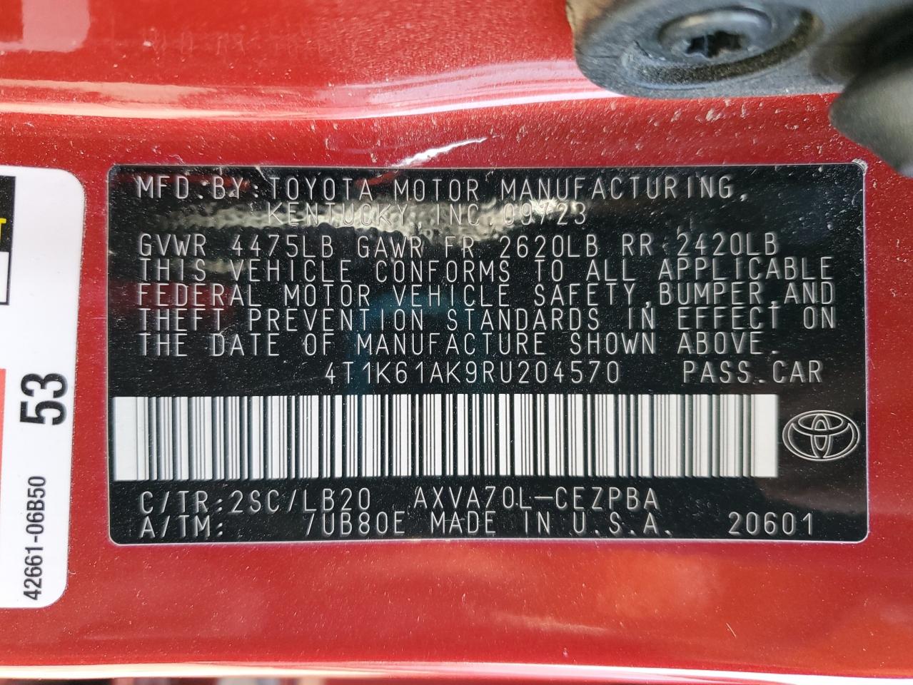 2024 TOYOTA CAMRY XSE VIN:4T1K61AK9RU204570