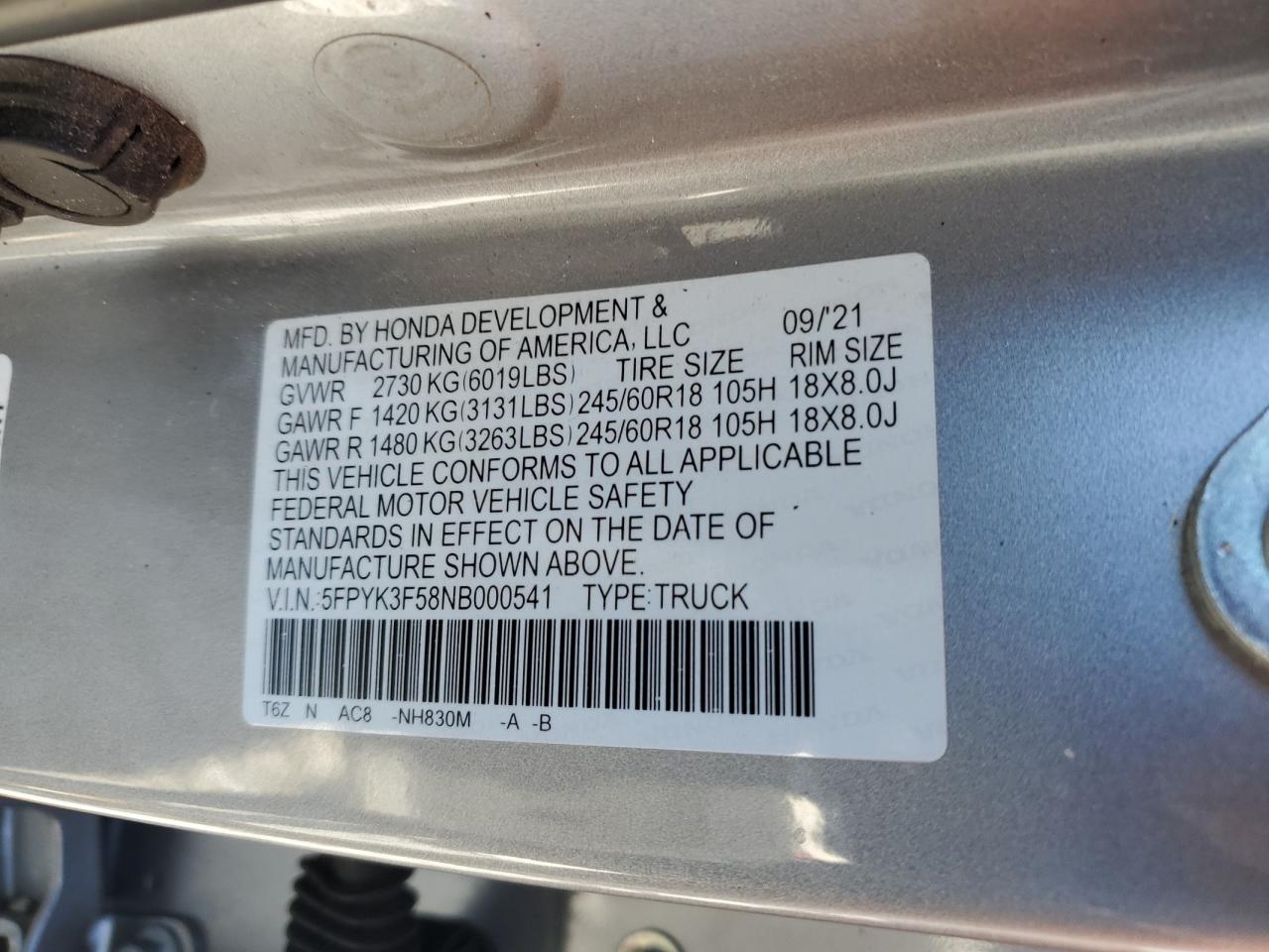 2022 HONDA RIDGELINE RTL VIN:5FPYK3F58NB000541