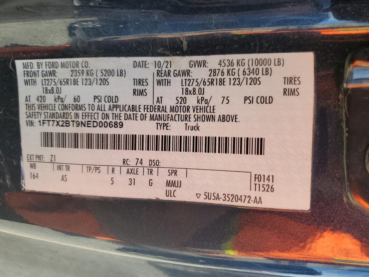 2022 FORD F250 SUPER DUTY VIN:1FT7X2BT9NED00689