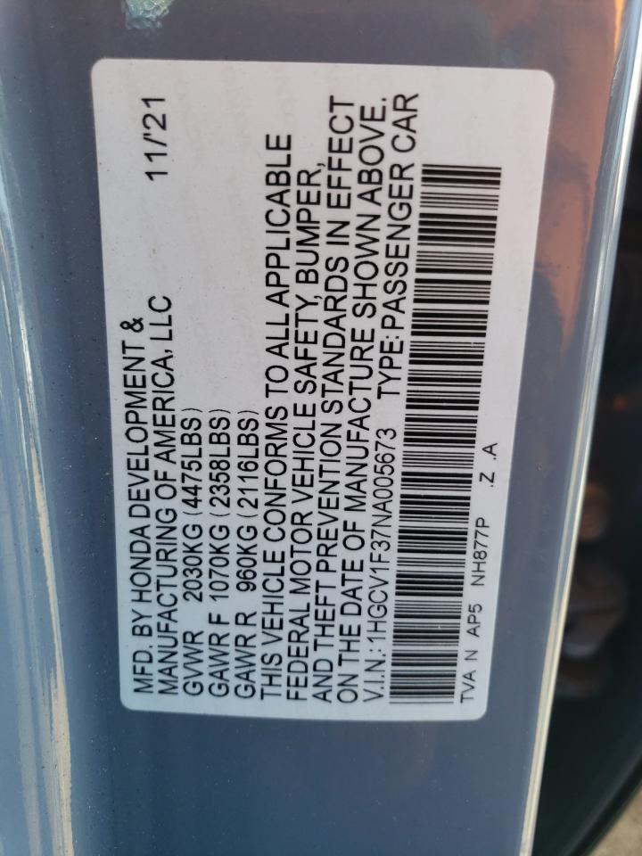 2022 HONDA ACCORD SPORT VIN:1HGCV1F37NA005673