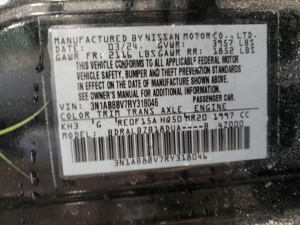 2024 NISSAN SENTRA S VIN:3N1AB8BV7RY318046