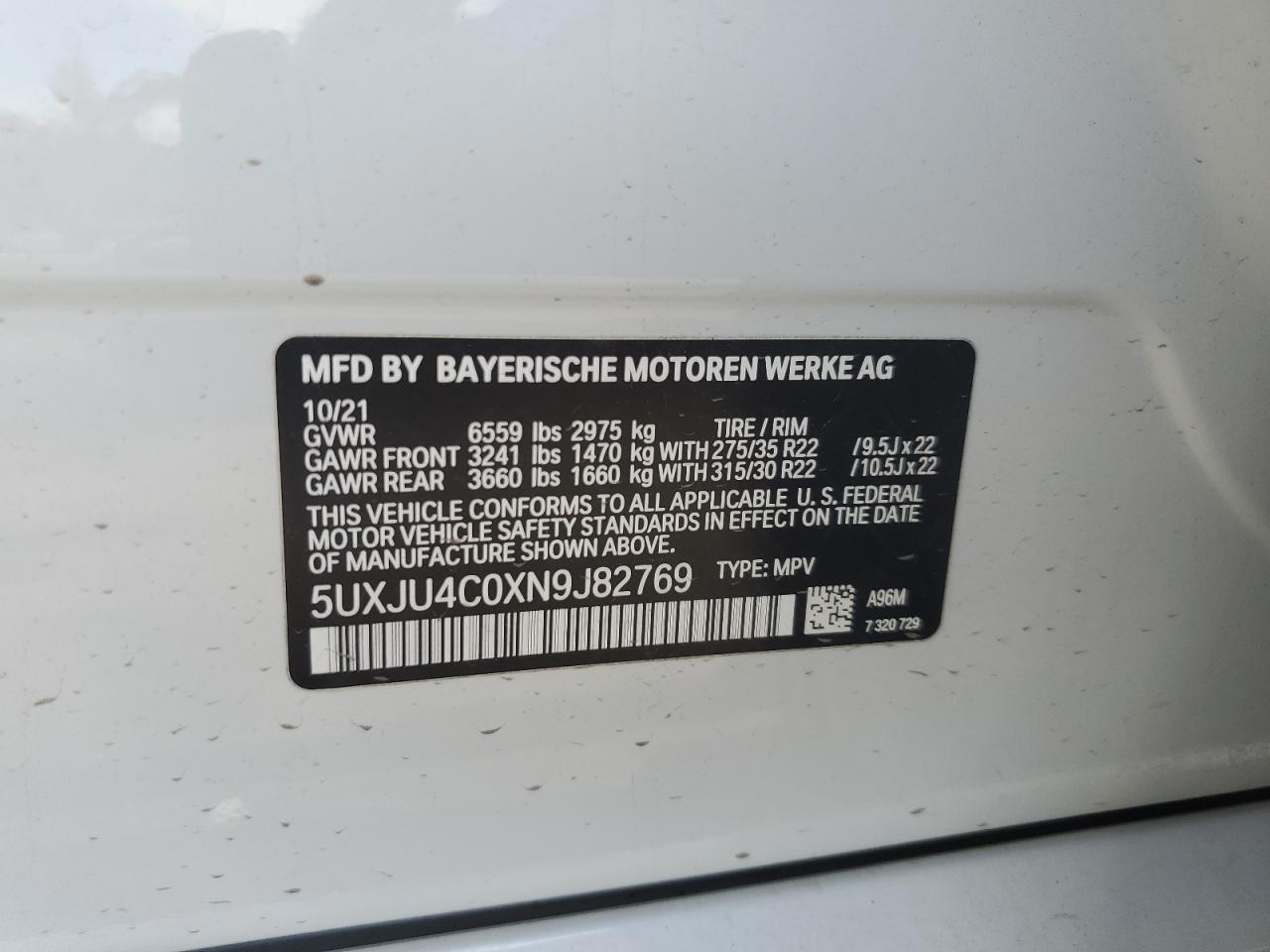 2022 BMW X5 M50I VIN:5UXJU4C0XN9J82769