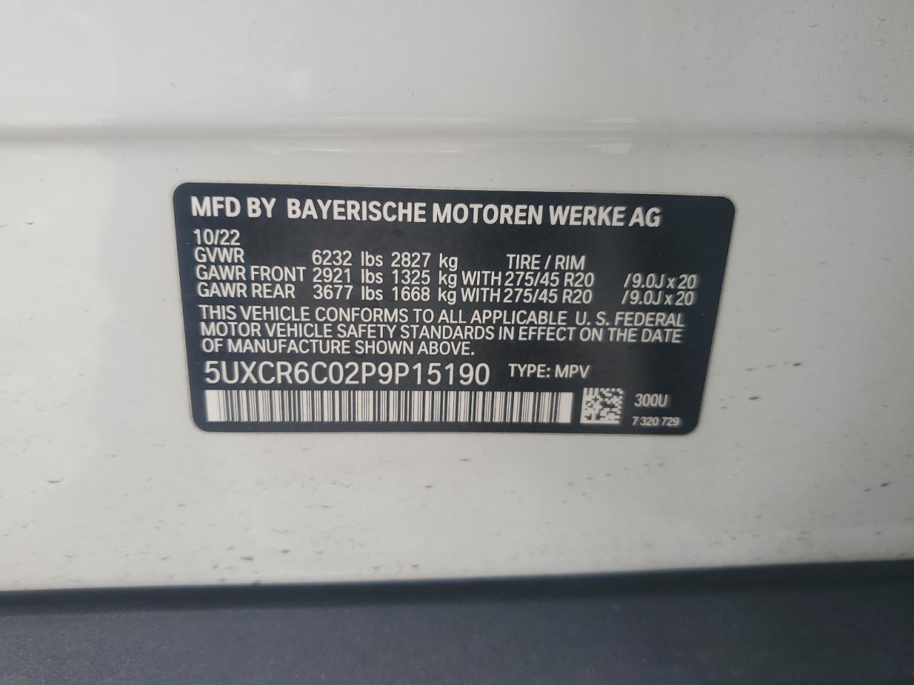 2023 BMW X5 XDRIVE40I VIN:5UXCR6C02P9P15190